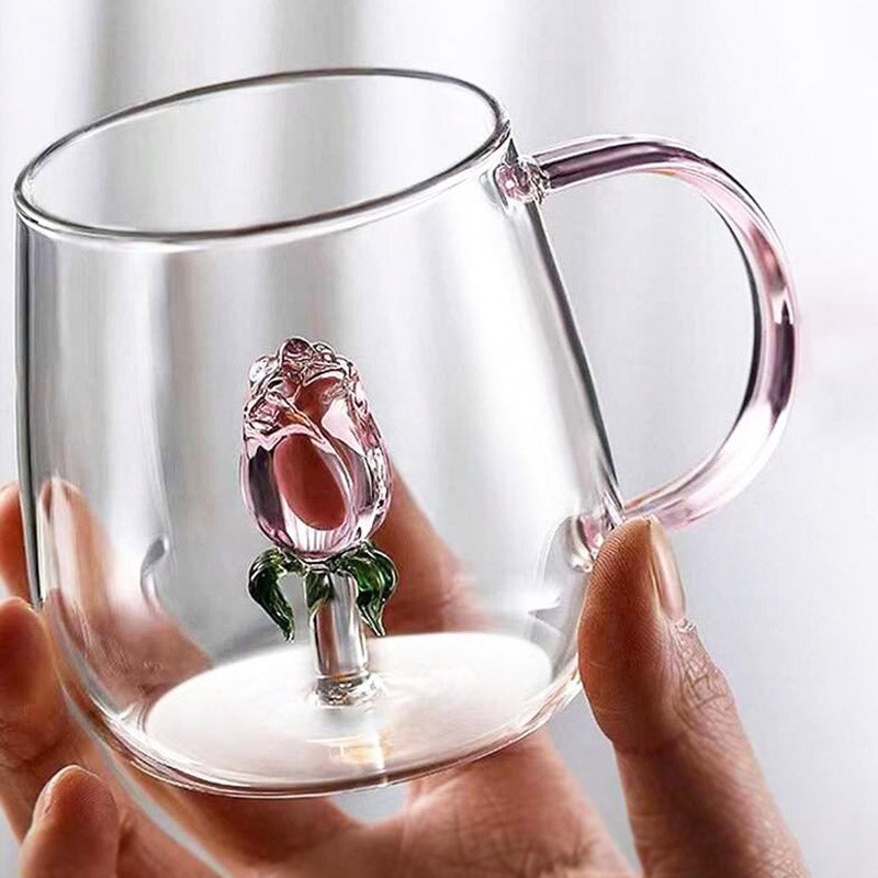 3D Rose Glass Cup With Handle