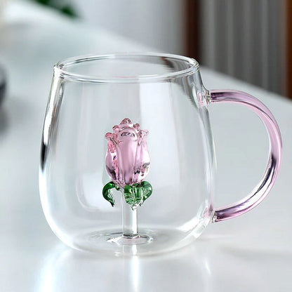 3D Rose Glass Cup With Handle