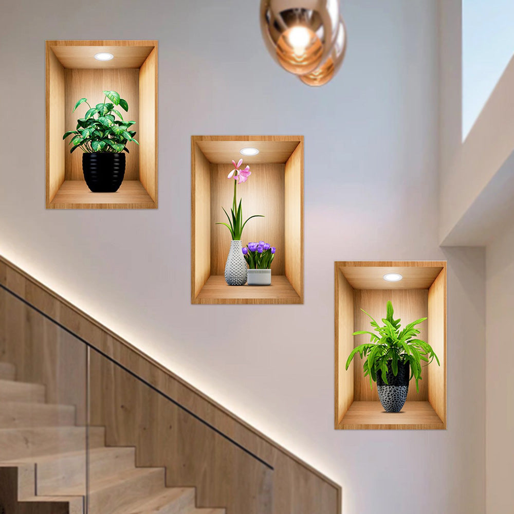 3D Plant Vase Wall Sticker 3Pcs-Self Adhesive