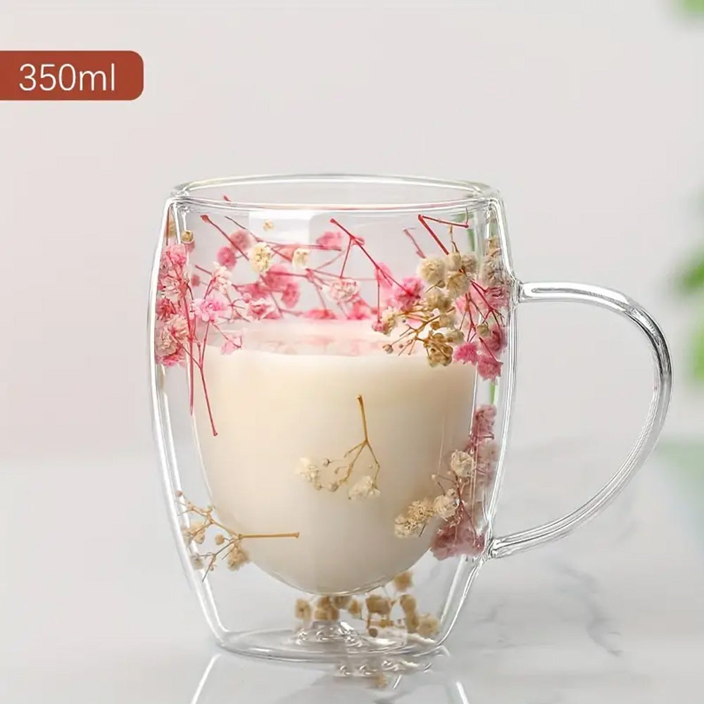 Dry Flowers Double Wall Glass Cup With Handle