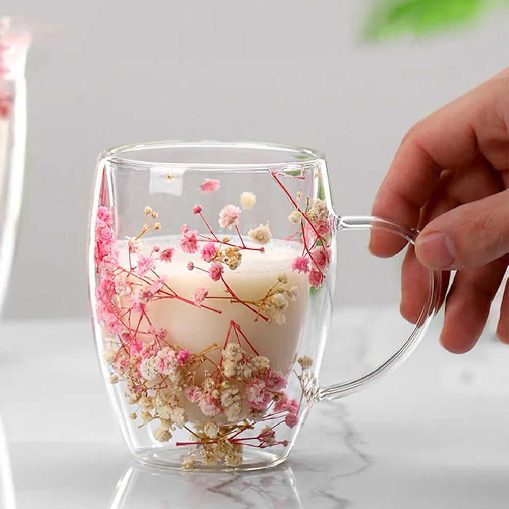 Dry Flowers Double Wall Glass Cup With Handle